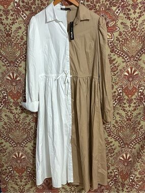 NWT INA L Long Sleeve Drawstring 2 tone tan and white colorblock two-tone dress